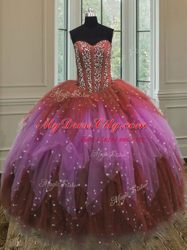 Custom Designed Three Piece Sweetheart Sleeveless Quinceanera Gowns Floor Length Beading Multi-color Tulle