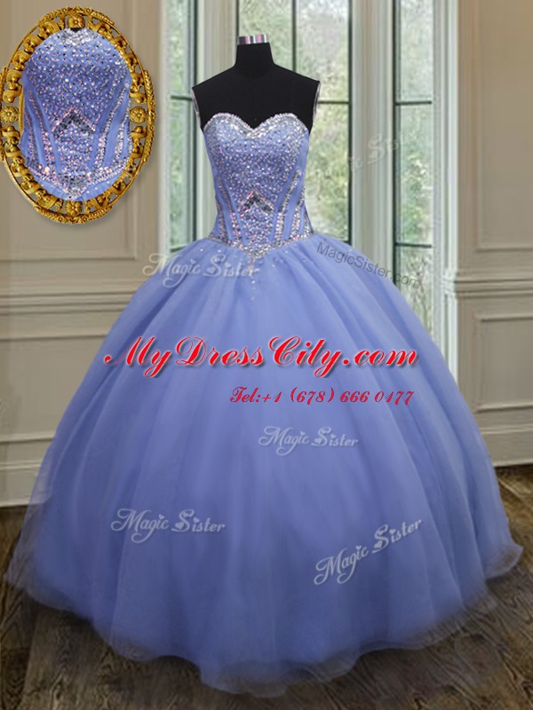 Sweetheart Sleeveless 15th Birthday Dress Floor Length Beading Lavender Organza