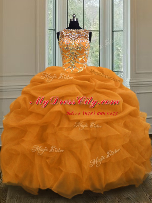 Gold Organza Lace Up Scoop Sleeveless Floor Length Quinceanera Dress Beading and Pick Ups