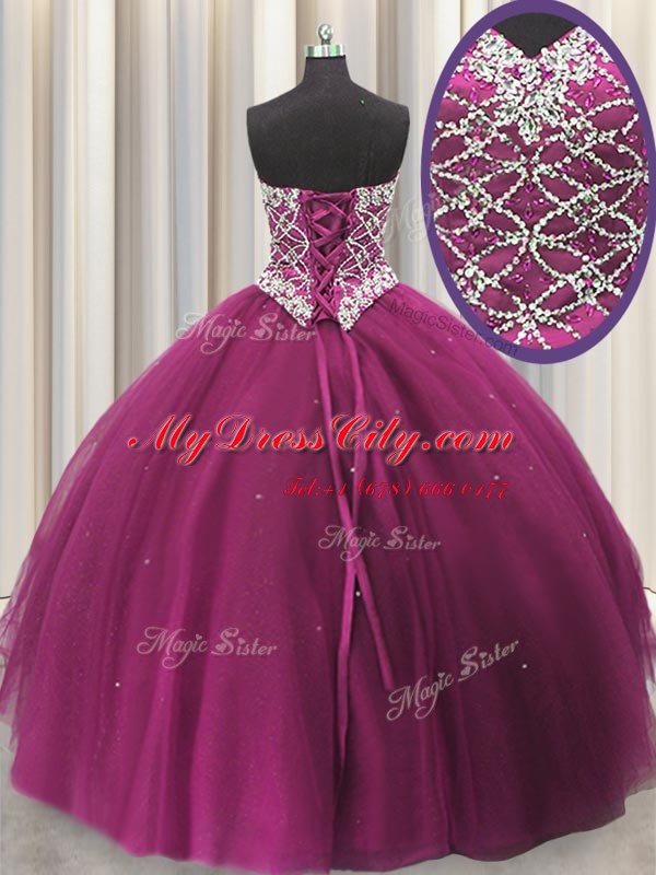 Delicate Tulle Sweetheart Sleeveless Lace Up Beading and Sequins 15 Quinceanera Dress in Fuchsia