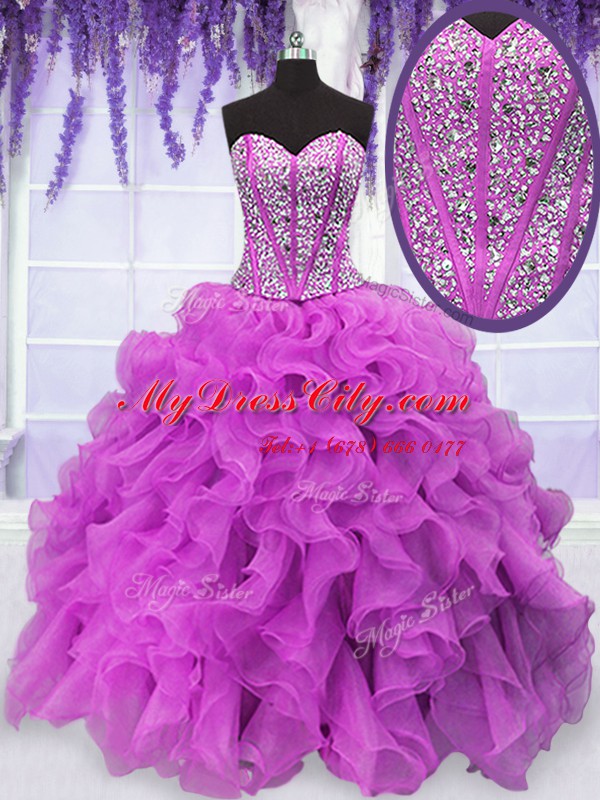 Fuchsia Organza Lace Up Quinceanera Gowns Sleeveless Floor Length Beading and Ruffles