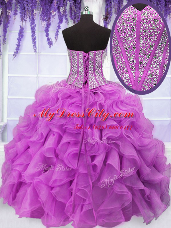 Fuchsia Organza Lace Up Quinceanera Gowns Sleeveless Floor Length Beading and Ruffles