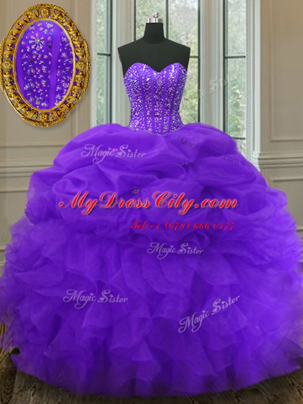 Pick Ups Purple Sleeveless Organza Lace Up Quince Ball Gowns for Military Ball and Sweet 16 and Quinceanera