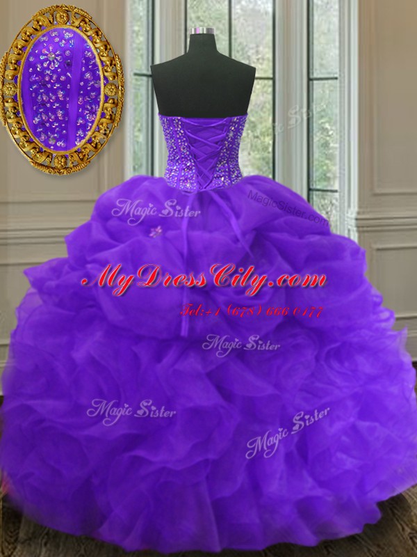 Pick Ups Purple Sleeveless Organza Lace Up Quince Ball Gowns for Military Ball and Sweet 16 and Quinceanera