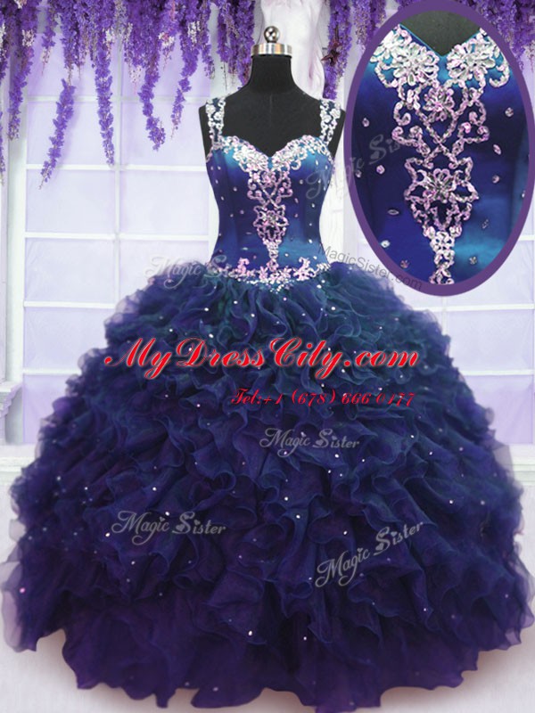 Captivating Navy Blue Tulle Zipper Straps Sleeveless Floor Length 15th Birthday Dress Beading and Ruffles