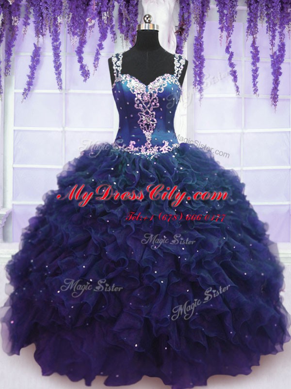 Captivating Navy Blue Tulle Zipper Straps Sleeveless Floor Length 15th Birthday Dress Beading and Ruffles