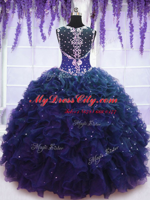 Captivating Navy Blue Tulle Zipper Straps Sleeveless Floor Length 15th Birthday Dress Beading and Ruffles