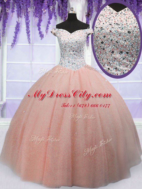 Perfect Off the Shoulder Short Sleeves Tulle Floor Length Lace Up Quinceanera Gowns in Peach with Beading