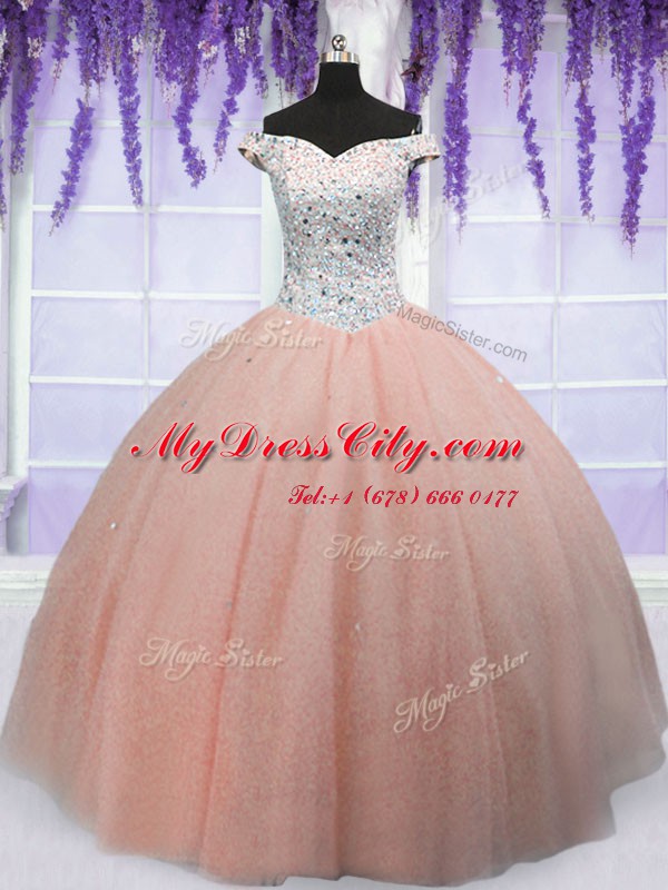 Perfect Off the Shoulder Short Sleeves Tulle Floor Length Lace Up Quinceanera Gowns in Peach with Beading