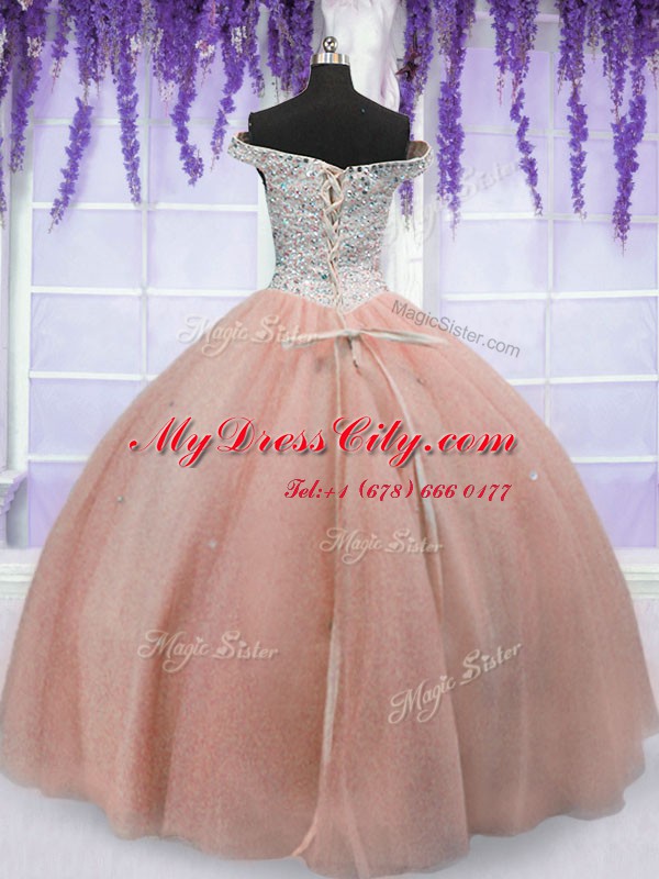 Perfect Off the Shoulder Short Sleeves Tulle Floor Length Lace Up Quinceanera Gowns in Peach with Beading