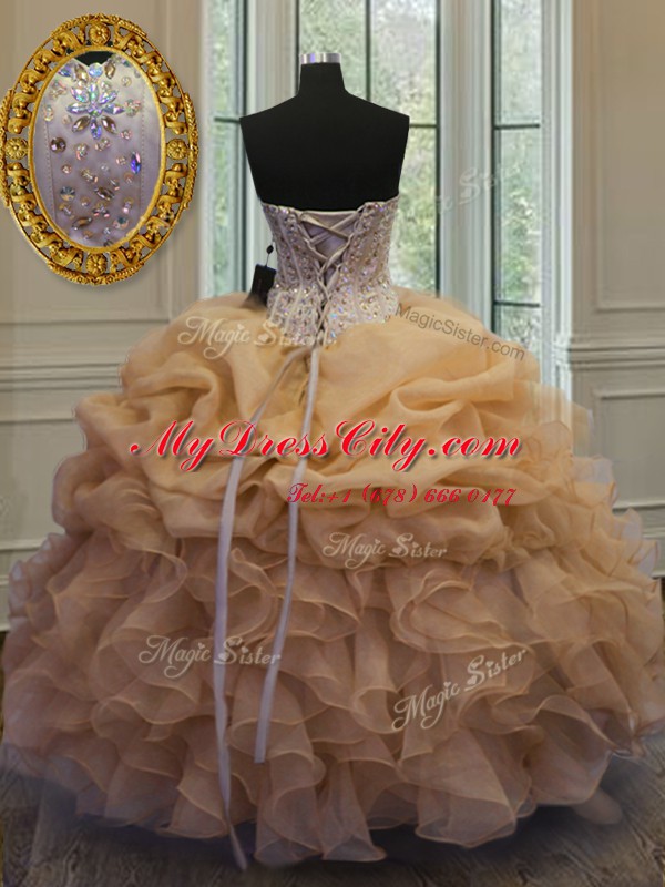 Luxurious Pick Ups Floor Length Ball Gowns Sleeveless Gold Sweet 16 Dress Lace Up