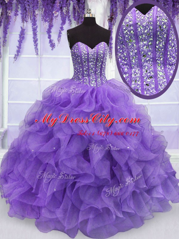 High Quality Sleeveless Organza Floor Length Lace Up Ball Gown Prom Dress in Lavender with Beading and Ruffles