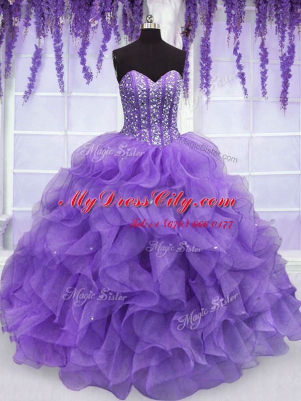 High Quality Sleeveless Organza Floor Length Lace Up Ball Gown Prom Dress in Lavender with Beading and Ruffles