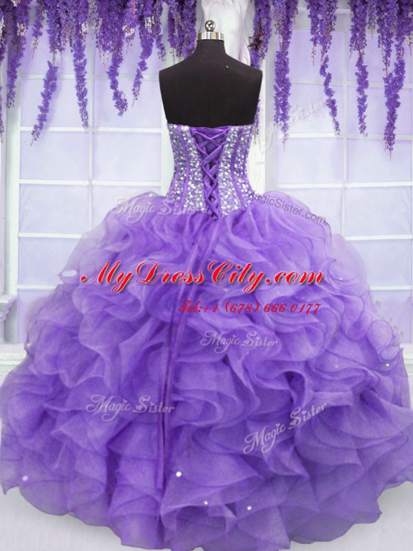 High Quality Sleeveless Organza Floor Length Lace Up Ball Gown Prom Dress in Lavender with Beading and Ruffles