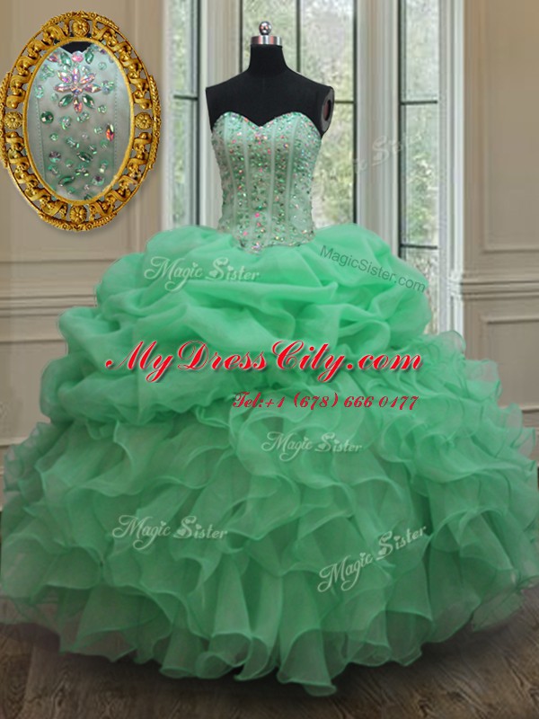 Apple Green Lace Up Quince Ball Gowns Beading and Ruffles and Pick Ups Sleeveless Floor Length