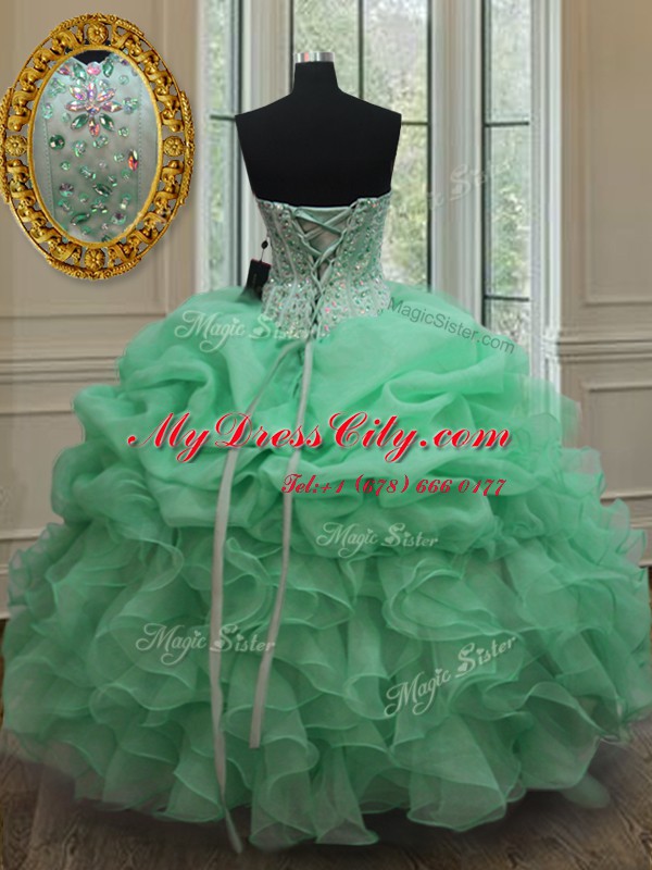 Apple Green Lace Up Quince Ball Gowns Beading and Ruffles and Pick Ups Sleeveless Floor Length