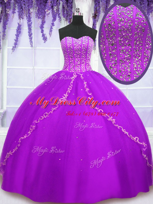 Fitting Sequins Sweetheart Sleeveless Lace Up 15th Birthday Dress Purple Tulle