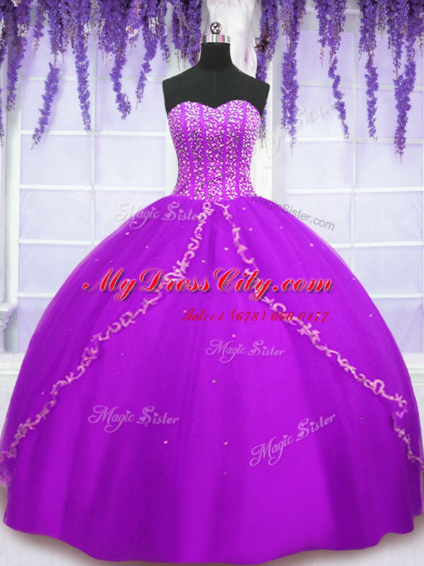 Fitting Sequins Sweetheart Sleeveless Lace Up 15th Birthday Dress Purple Tulle