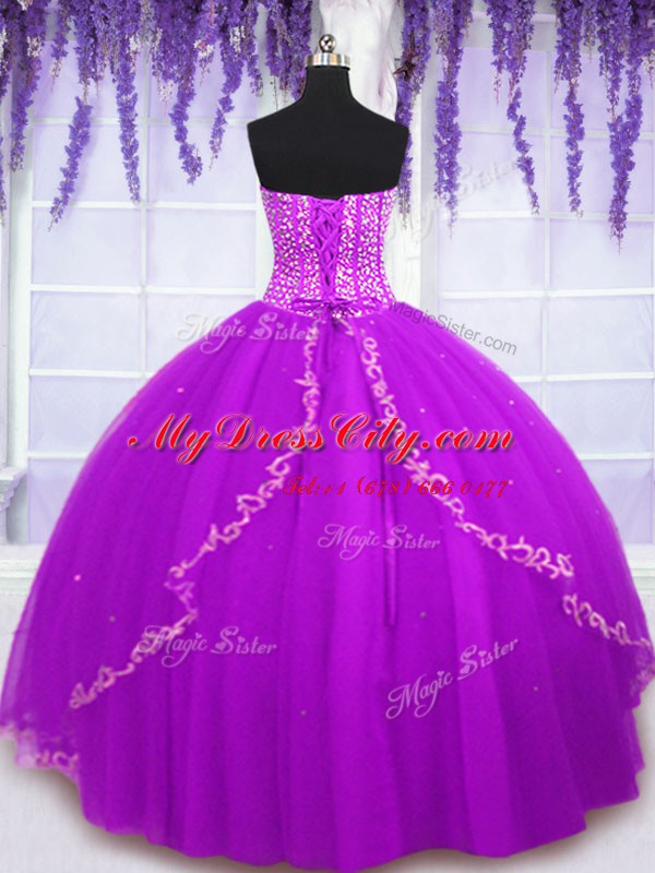 Fitting Sequins Sweetheart Sleeveless Lace Up 15th Birthday Dress Purple Tulle