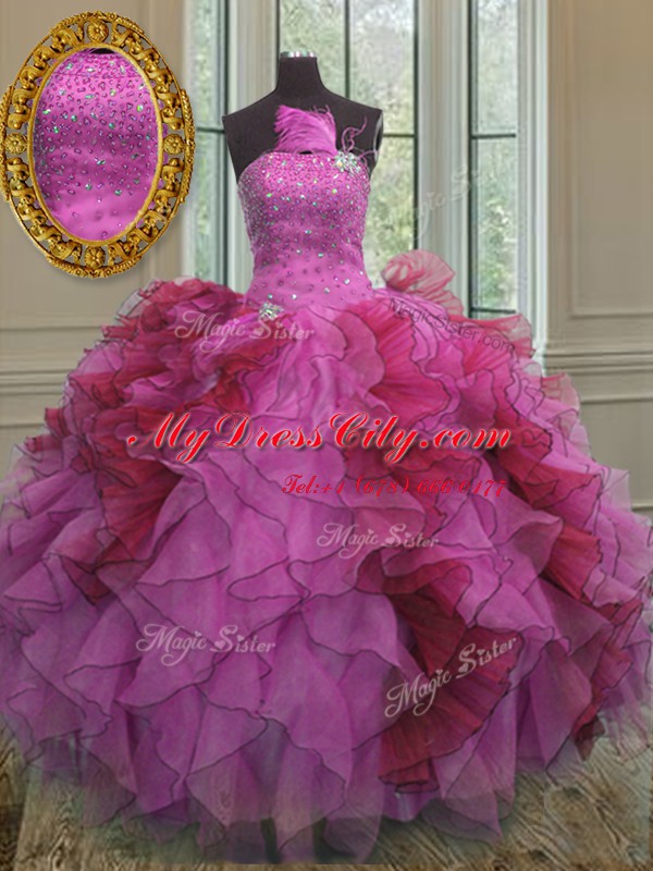 Multi-color Lace Up Strapless Ruffles and Sequins Quinceanera Dress Organza Sleeveless