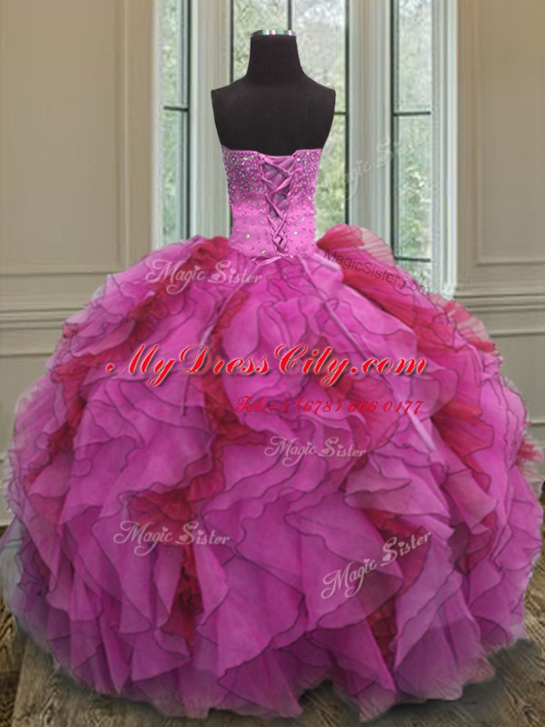 Multi-color Lace Up Strapless Ruffles and Sequins Quinceanera Dress Organza Sleeveless