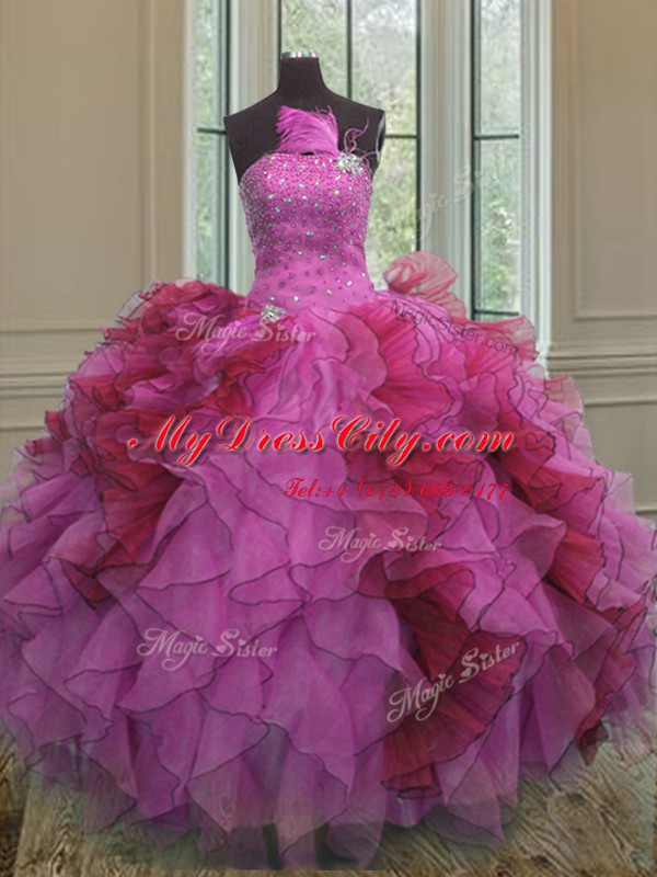 Multi-color Lace Up Strapless Ruffles and Sequins Quinceanera Dress Organza Sleeveless