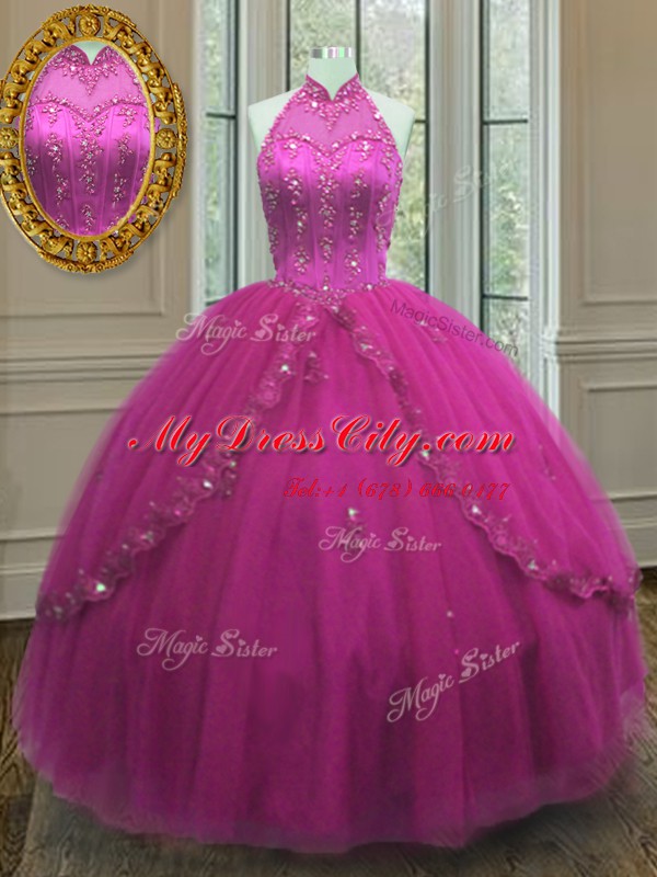 Spectacular Tulle Sleeveless Floor Length Vestidos de Quinceanera and Beading and Appliques