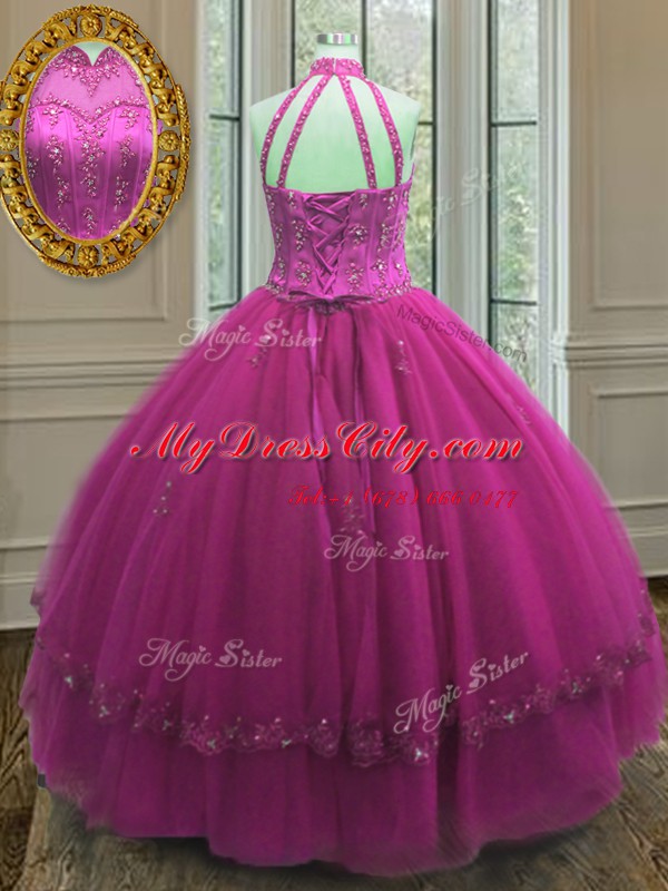 Spectacular Tulle Sleeveless Floor Length Vestidos de Quinceanera and Beading and Appliques