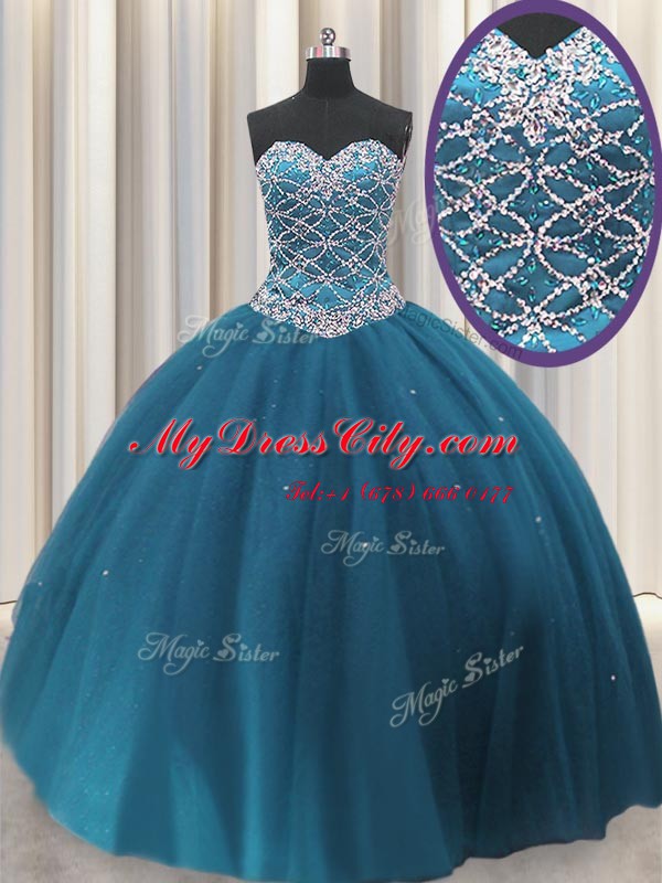 Customized Floor Length Teal Quinceanera Dresses Tulle Sleeveless Beading and Sequins