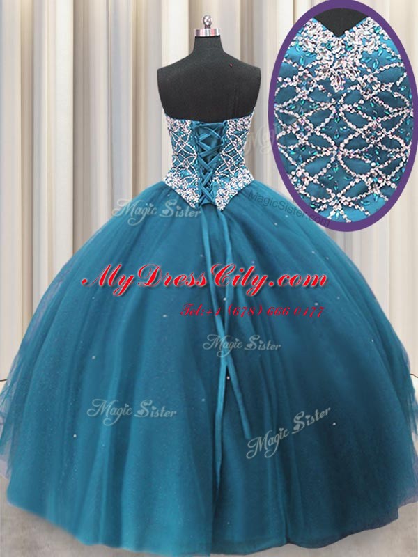 Customized Floor Length Teal Quinceanera Dresses Tulle Sleeveless Beading and Sequins