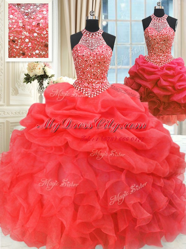 Dynamic Three Piece Sleeveless Lace Up Floor Length Beading and Pick Ups Ball Gown Prom Dress