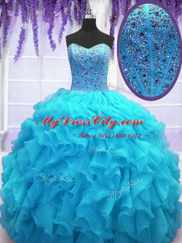 Modest Baby Blue Organza Lace Up Sweetheart Sleeveless Floor Length Sweet 16 Dress Beading and Ruffles