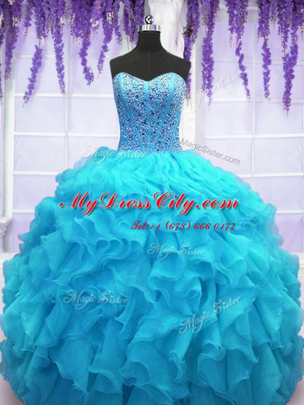 Modest Baby Blue Organza Lace Up Sweetheart Sleeveless Floor Length Sweet 16 Dress Beading and Ruffles