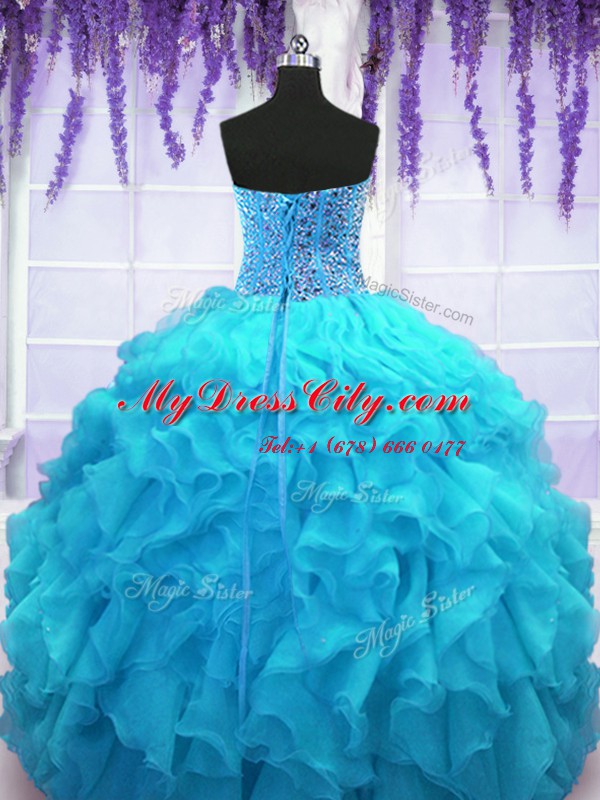 Modest Baby Blue Organza Lace Up Sweetheart Sleeveless Floor Length Sweet 16 Dress Beading and Ruffles