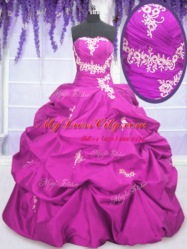 Custom Fit Taffeta Sleeveless Floor Length Quinceanera Gowns and Appliques and Pick Ups