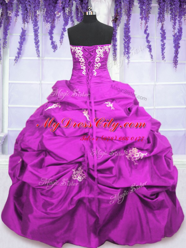 Custom Fit Taffeta Sleeveless Floor Length Quinceanera Gowns and Appliques and Pick Ups