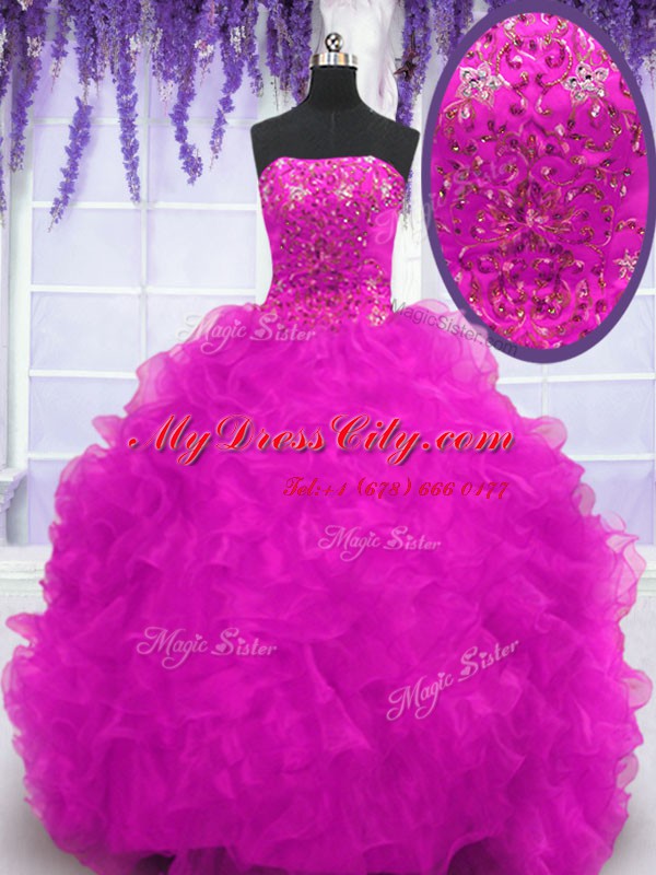 Amazing Fuchsia Sleeveless Brush Train Beading and Appliques and Ruffles With Train Vestidos de Quinceanera