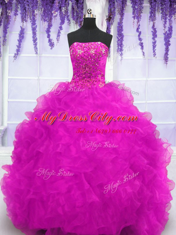 Amazing Fuchsia Sleeveless Brush Train Beading and Appliques and Ruffles With Train Vestidos de Quinceanera