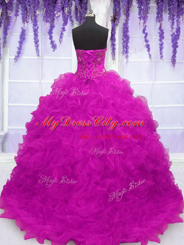 Amazing Fuchsia Sleeveless Brush Train Beading and Appliques and Ruffles With Train Vestidos de Quinceanera