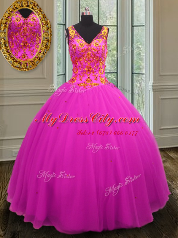 Floor Length Fuchsia 15 Quinceanera Dress V-neck Sleeveless Zipper