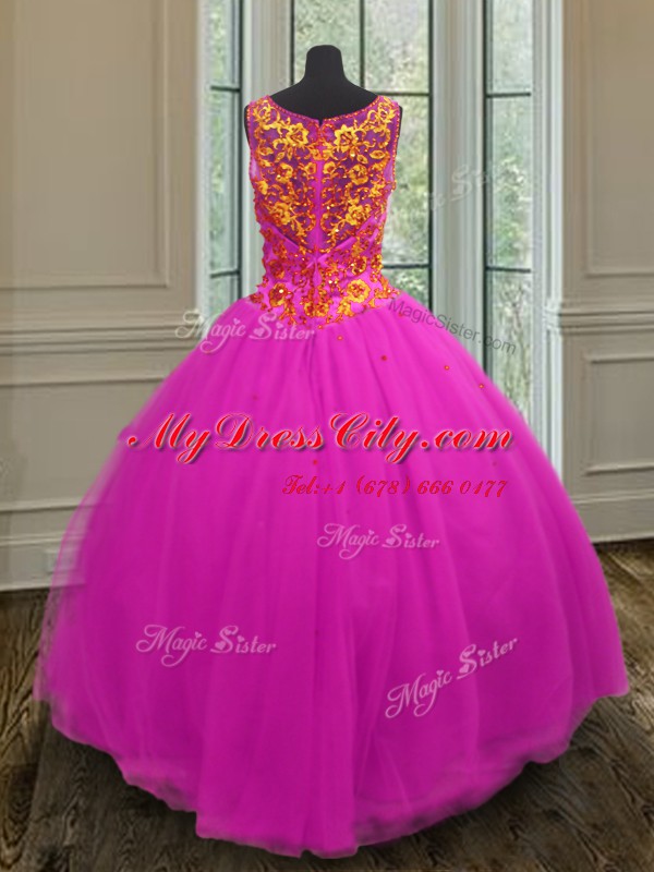 Floor Length Fuchsia 15 Quinceanera Dress V-neck Sleeveless Zipper