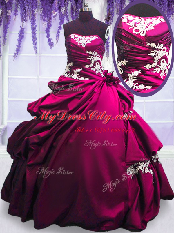 Luxury Fuchsia Sweet 16 Quinceanera Dress Military Ball and Sweet 16 and Quinceanera and For with Embroidery and Pick Ups Strapless Sleeveless Lace Up