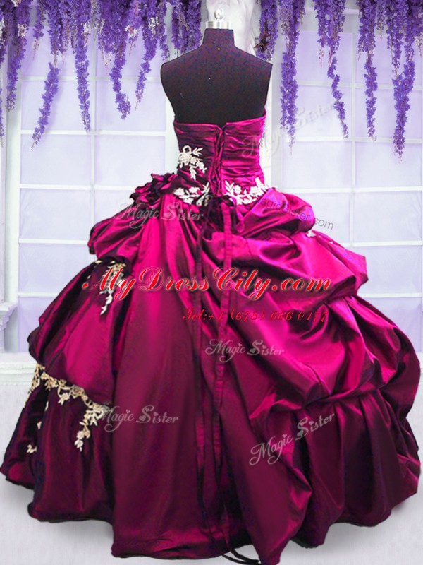 Luxury Fuchsia Sweet 16 Quinceanera Dress Military Ball and Sweet 16 and Quinceanera and For with Embroidery and Pick Ups Strapless Sleeveless Lace Up