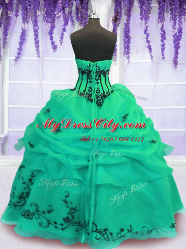 Green Ball Gowns Strapless Sleeveless Organza Floor Length Lace Up Embroidery Vestidos de Quinceanera