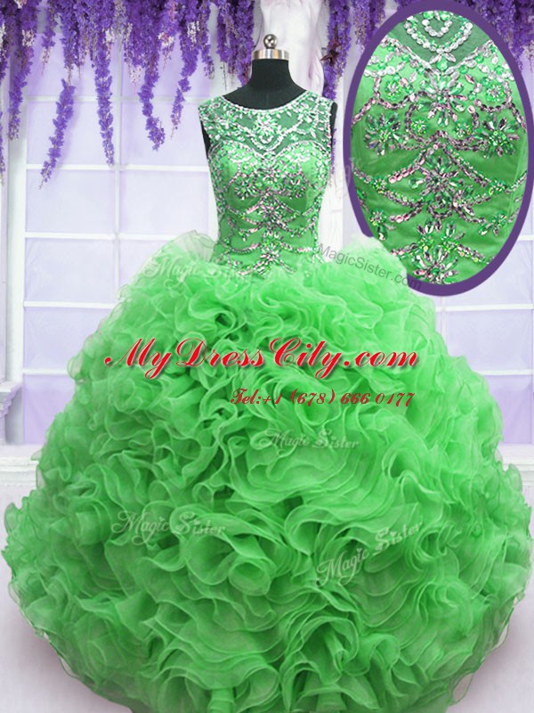 Scoop Sleeveless Lace Up Floor Length Beading and Ruffles Vestidos de Quinceanera