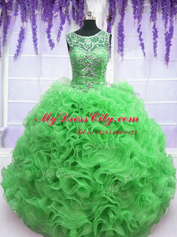 Scoop Sleeveless Lace Up Floor Length Beading and Ruffles Vestidos de Quinceanera