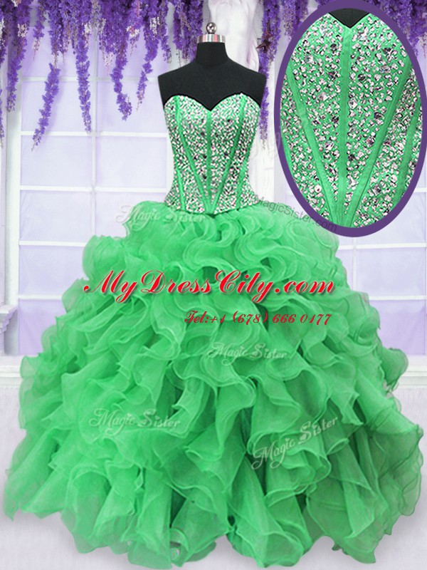 Green Lace Up Quinceanera Dress Beading and Ruffles Sleeveless Floor Length