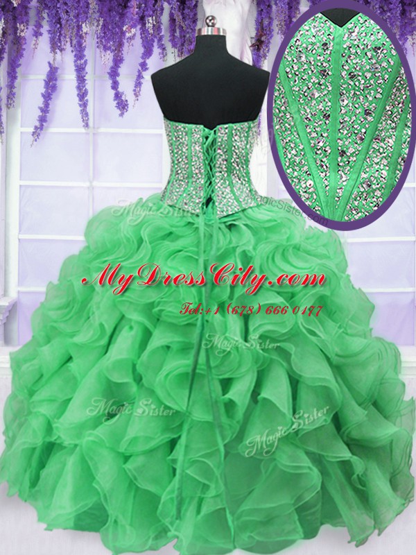 Green Lace Up Quinceanera Dress Beading and Ruffles Sleeveless Floor Length