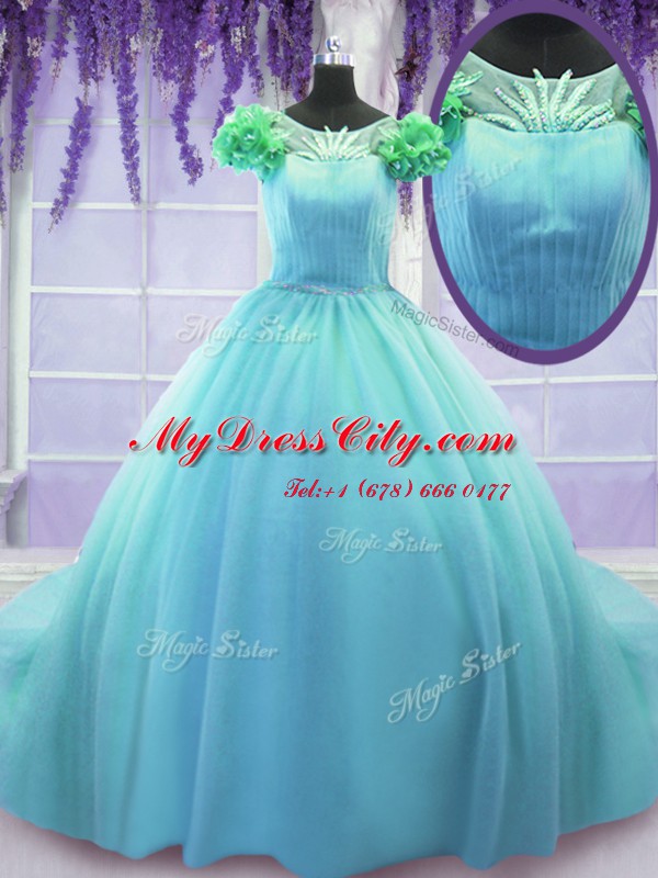 Scoop Ball Gowns Short Sleeves Blue 15th Birthday Dress Court Train Lace Up