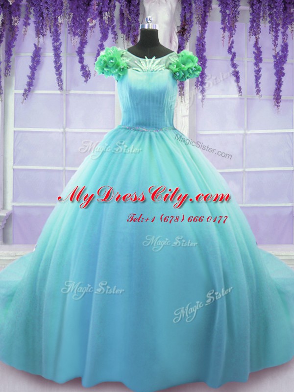 Scoop Ball Gowns Short Sleeves Blue 15th Birthday Dress Court Train Lace Up